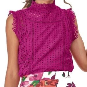 Sundance Catalog Lyra Eyelet Pink Fuchsia Blouse 100% Cotton Petite Large NWT